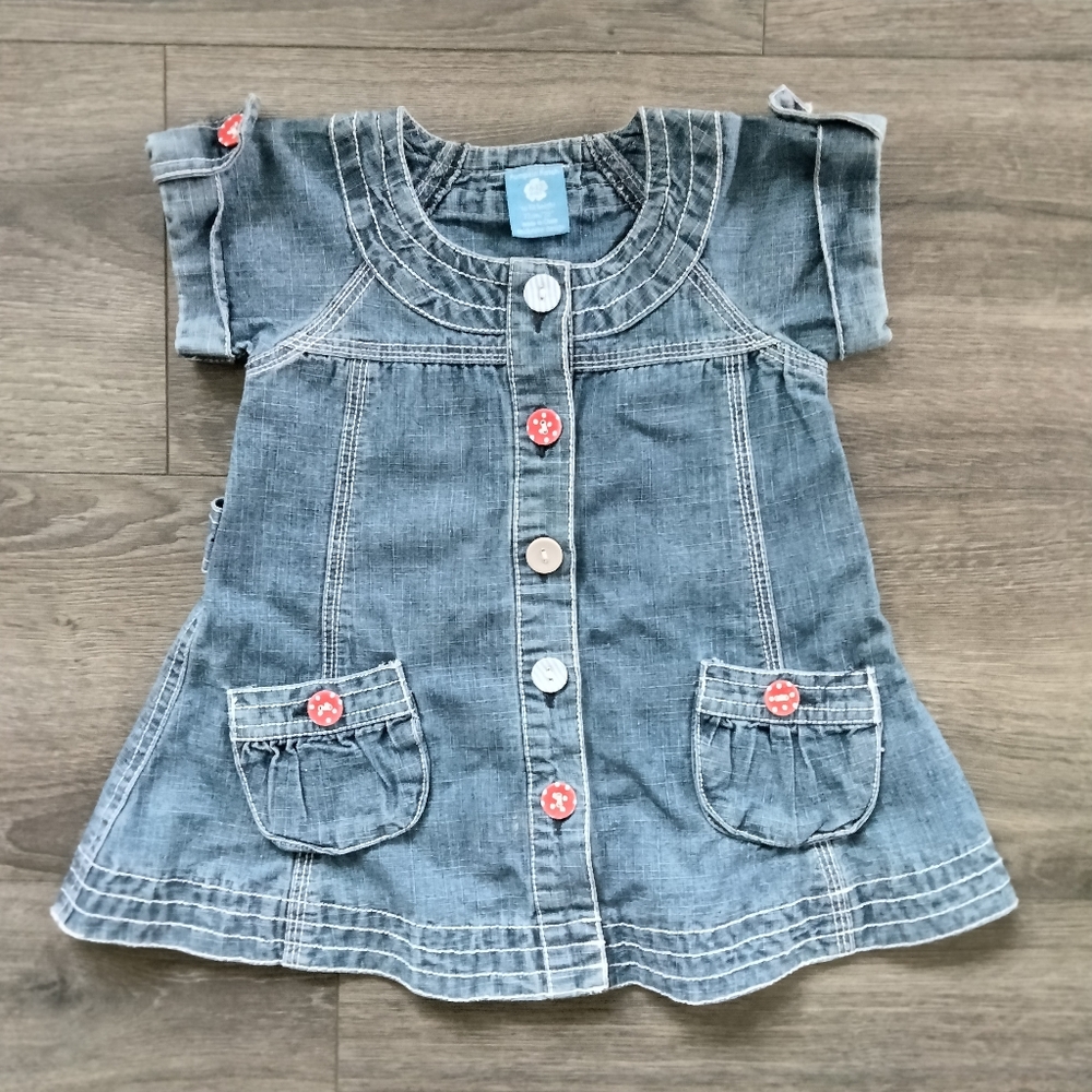 Pumpkin Patch Short Sleeve Denim Dress Red and Blue Buttons w/Pockets Sz 6-12 M